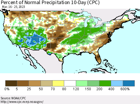 United States Percent of Normal Precipitation 10-Day (CPC) Thematic Map For 3/16/2023 - 3/25/2023