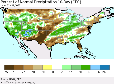 United States Percent of Normal Precipitation 10-Day (CPC) Thematic Map For 3/21/2023 - 3/31/2023