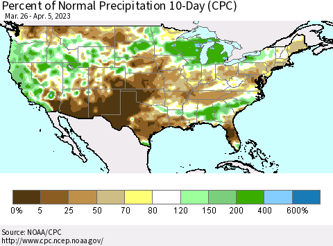 United States Percent of Normal Precipitation 10-Day (CPC) Thematic Map For 3/26/2023 - 4/5/2023