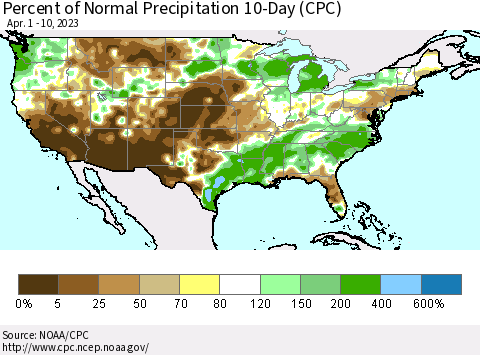 United States Percent of Normal Precipitation 10-Day (CPC) Thematic Map For 4/1/2023 - 4/10/2023