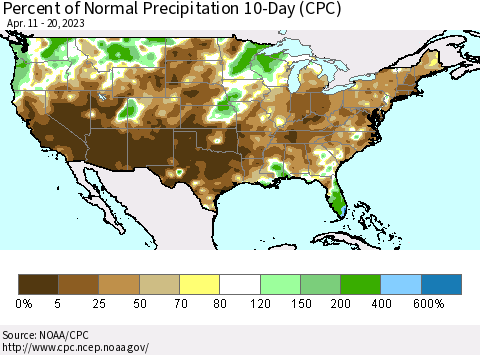 United States Percent of Normal Precipitation 10-Day (CPC) Thematic Map For 4/11/2023 - 4/20/2023