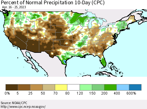 United States Percent of Normal Precipitation 10-Day (CPC) Thematic Map For 4/16/2023 - 4/25/2023