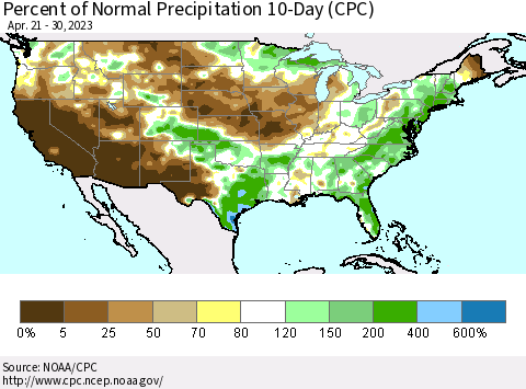 United States Percent of Normal Precipitation 10-Day (CPC) Thematic Map For 4/21/2023 - 4/30/2023