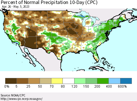 United States Percent of Normal Precipitation 10-Day (CPC) Thematic Map For 4/26/2023 - 5/5/2023