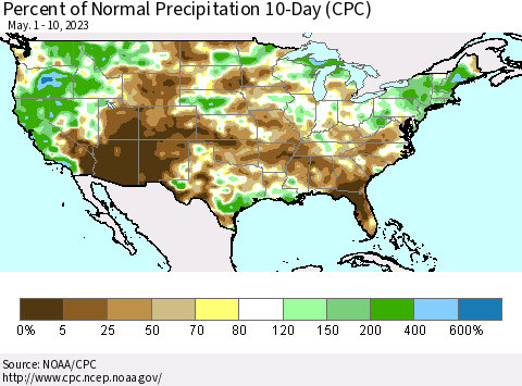 United States Percent of Normal Precipitation 10-Day (CPC) Thematic Map For 5/1/2023 - 5/10/2023