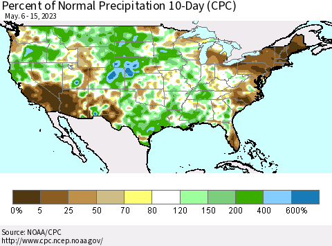 United States Percent of Normal Precipitation 10-Day (CPC) Thematic Map For 5/6/2023 - 5/15/2023