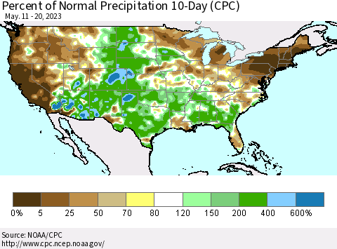 United States Percent of Normal Precipitation 10-Day (CPC) Thematic Map For 5/11/2023 - 5/20/2023