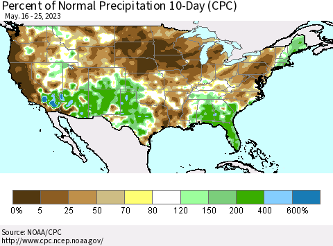 United States Percent of Normal Precipitation 10-Day (CPC) Thematic Map For 5/16/2023 - 5/25/2023