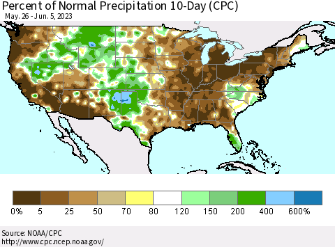 United States Percent of Normal Precipitation 10-Day (CPC) Thematic Map For 5/26/2023 - 6/5/2023