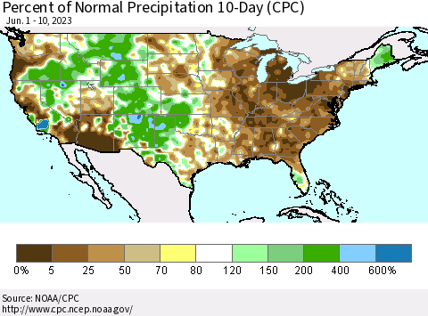 United States Percent of Normal Precipitation 10-Day (CPC) Thematic Map For 6/1/2023 - 6/10/2023