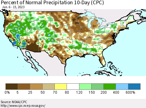 United States Percent of Normal Precipitation 10-Day (CPC) Thematic Map For 6/6/2023 - 6/15/2023