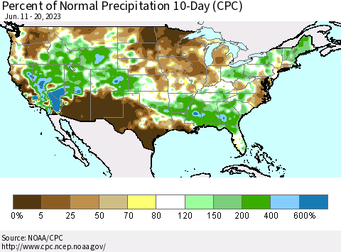 United States Percent of Normal Precipitation 10-Day (CPC) Thematic Map For 6/11/2023 - 6/20/2023