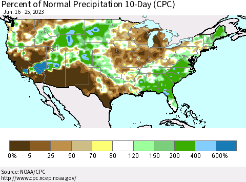 United States Percent of Normal Precipitation 10-Day (CPC) Thematic Map For 6/16/2023 - 6/25/2023