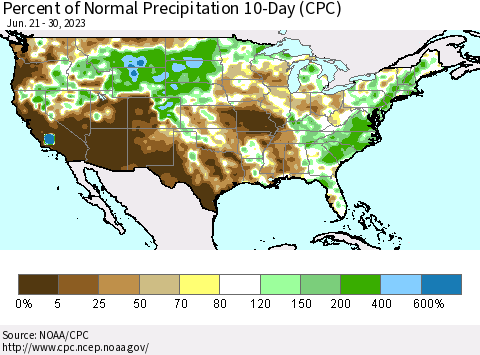 United States Percent of Normal Precipitation 10-Day (CPC) Thematic Map For 6/21/2023 - 6/30/2023