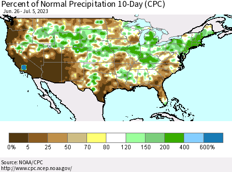United States Percent of Normal Precipitation 10-Day (CPC) Thematic Map For 6/26/2023 - 7/5/2023
