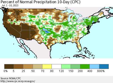 United States Percent of Normal Precipitation 10-Day (CPC) Thematic Map For 7/1/2023 - 7/10/2023