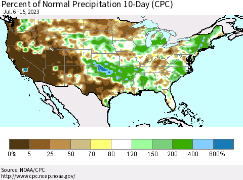 United States Percent of Normal Precipitation 10-Day (CPC) Thematic Map For 7/6/2023 - 7/15/2023