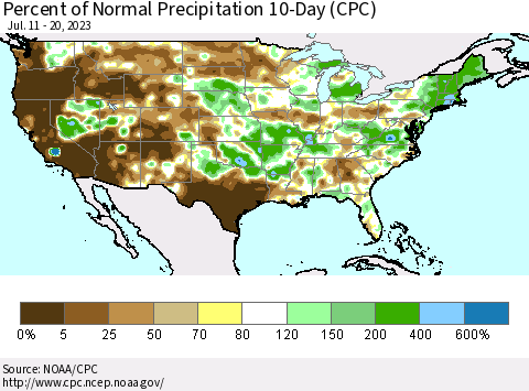 United States Percent of Normal Precipitation 10-Day (CPC) Thematic Map For 7/11/2023 - 7/20/2023