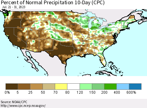 United States Percent of Normal Precipitation 10-Day (CPC) Thematic Map For 7/21/2023 - 7/31/2023