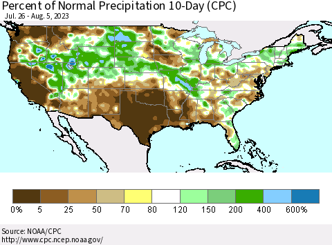 United States Percent of Normal Precipitation 10-Day (CPC) Thematic Map For 7/26/2023 - 8/5/2023