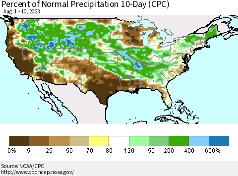 United States Percent of Normal Precipitation 10-Day (CPC) Thematic Map For 8/1/2023 - 8/10/2023