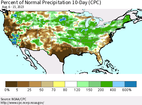 United States Percent of Normal Precipitation 10-Day (CPC) Thematic Map For 8/6/2023 - 8/15/2023