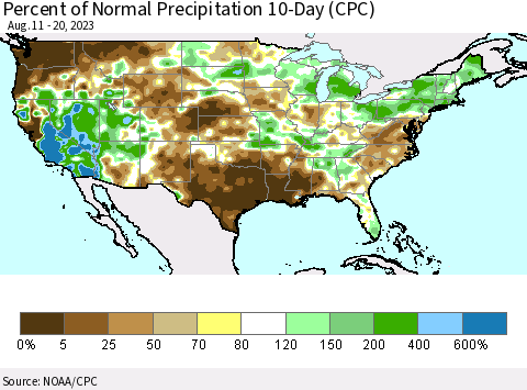 United States Percent of Normal Precipitation 10-Day (CPC) Thematic Map For 8/11/2023 - 8/20/2023