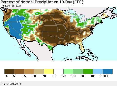 United States Percent of Normal Precipitation 10-Day (CPC) Thematic Map For 8/16/2023 - 8/25/2023