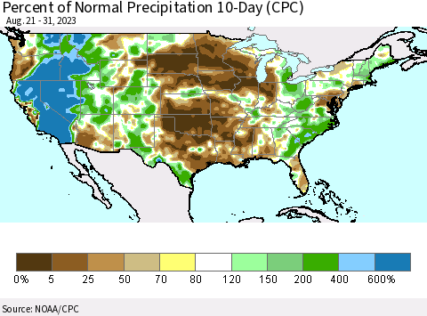 United States Percent of Normal Precipitation 10-Day (CPC) Thematic Map For 8/21/2023 - 8/31/2023