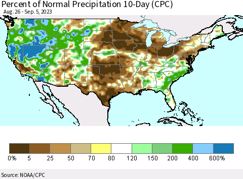United States Percent of Normal Precipitation 10-Day (CPC) Thematic Map For 8/26/2023 - 9/5/2023