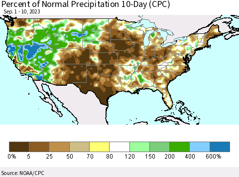 United States Percent of Normal Precipitation 10-Day (CPC) Thematic Map For 9/1/2023 - 9/10/2023