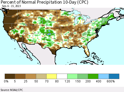 United States Percent of Normal Precipitation 10-Day (CPC) Thematic Map For 9/6/2023 - 9/15/2023