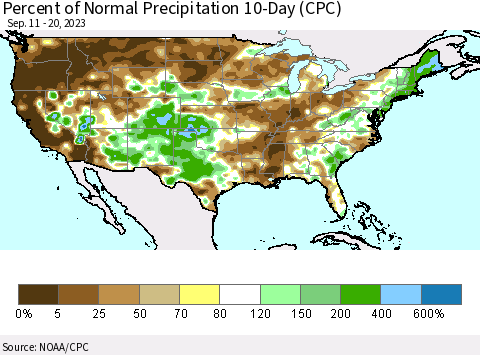 United States Percent of Normal Precipitation 10-Day (CPC) Thematic Map For 9/11/2023 - 9/20/2023