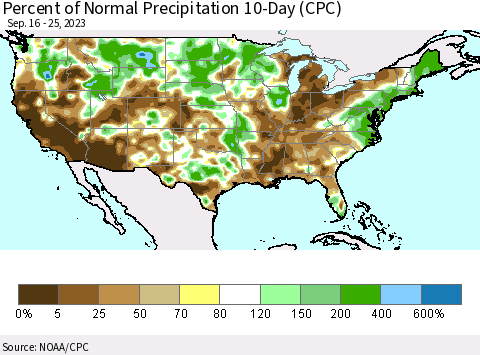 United States Percent of Normal Precipitation 10-Day (CPC) Thematic Map For 9/16/2023 - 9/25/2023