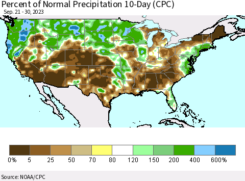 United States Percent of Normal Precipitation 10-Day (CPC) Thematic Map For 9/21/2023 - 9/30/2023
