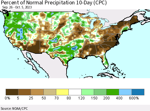 United States Percent of Normal Precipitation 10-Day (CPC) Thematic Map For 9/26/2023 - 10/5/2023