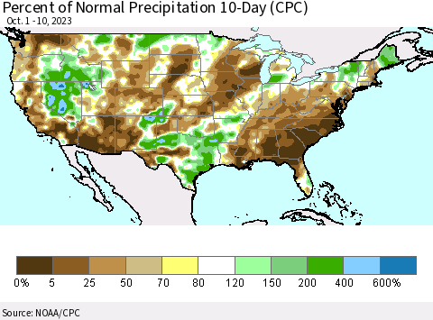 United States Percent of Normal Precipitation 10-Day (CPC) Thematic Map For 10/1/2023 - 10/10/2023