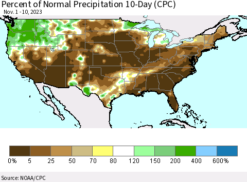 United States Percent of Normal Precipitation 10-Day (CPC) Thematic Map For 11/1/2023 - 11/10/2023