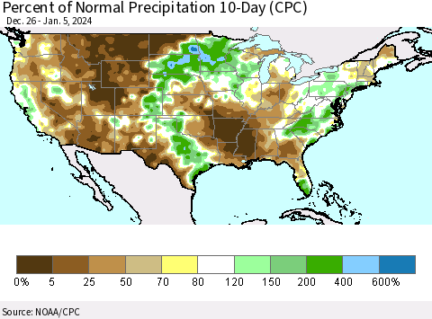 United States Percent of Normal Precipitation 10-Day (CPC) Thematic Map For 12/26/2023 - 1/5/2024