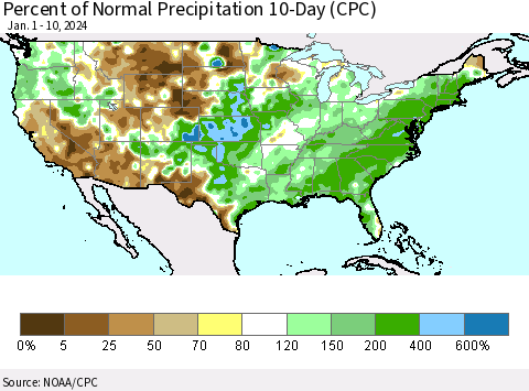 United States Percent of Normal Precipitation 10-Day (CPC) Thematic Map For 1/1/2024 - 1/10/2024