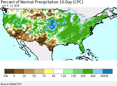 United States Percent of Normal Precipitation 10-Day (CPC) Thematic Map For 1/6/2024 - 1/15/2024