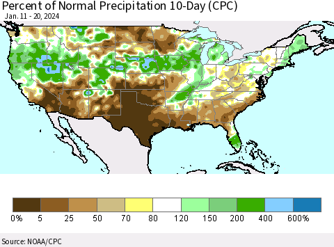 United States Percent of Normal Precipitation 10-Day (CPC) Thematic Map For 1/11/2024 - 1/20/2024