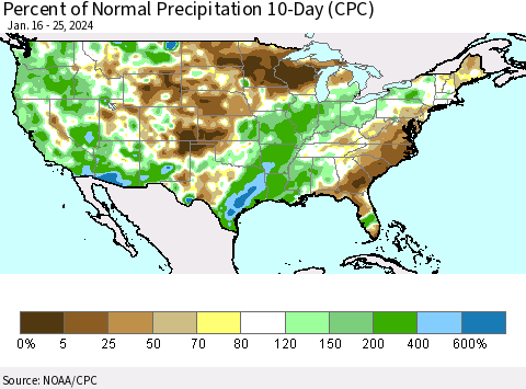 United States Percent of Normal Precipitation 10-Day (CPC) Thematic Map For 1/16/2024 - 1/25/2024