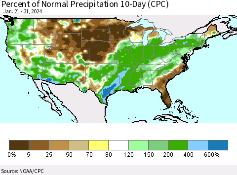 United States Percent of Normal Precipitation 10-Day (CPC) Thematic Map For 1/21/2024 - 1/31/2024