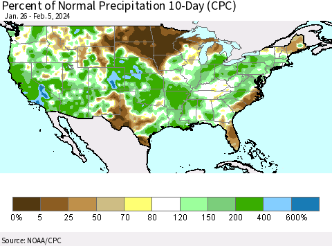 United States Percent of Normal Precipitation 10-Day (CPC) Thematic Map For 1/26/2024 - 2/5/2024