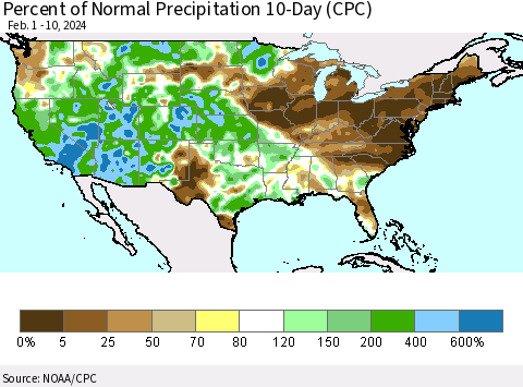 United States Percent of Normal Precipitation 10-Day (CPC) Thematic Map For 2/1/2024 - 2/10/2024