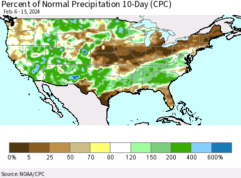 United States Percent of Normal Precipitation 10-Day (CPC) Thematic Map For 2/6/2024 - 2/15/2024