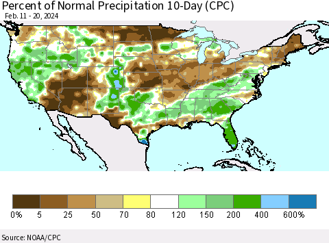 United States Percent of Normal Precipitation 10-Day (CPC) Thematic Map For 2/11/2024 - 2/20/2024