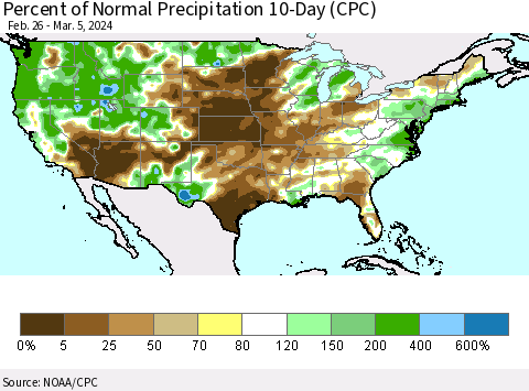 United States Percent of Normal Precipitation 10-Day (CPC) Thematic Map For 2/26/2024 - 3/5/2024