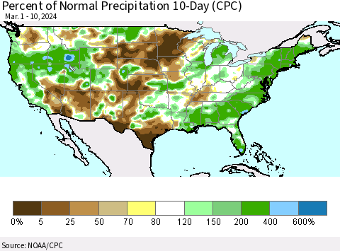 United States Percent of Normal Precipitation 10-Day (CPC) Thematic Map For 3/1/2024 - 3/10/2024